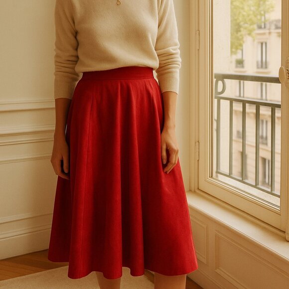 Vintage Pia Rucci Suede Leather Midi Skirt Red L - Picture 1 of 6